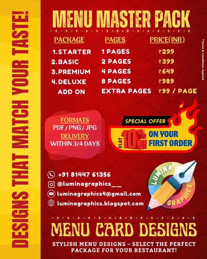Upgrade your restaurant branding with our professional menu card design packages. Stylish, clear, and affordable menus crafted to impress your customers.